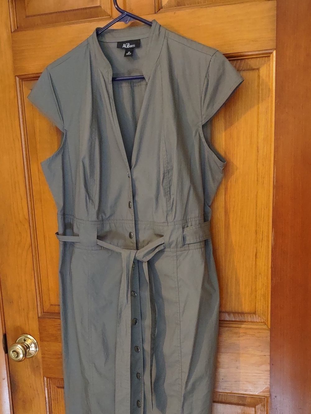 New AGB Plus Olive Green Button-Front Belted Shirt Dress